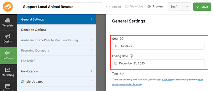 Set a goal for your fundraising thermometer in Charitable