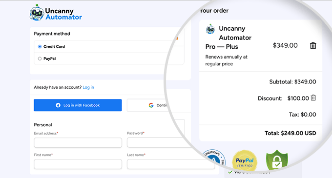 Uncanny Automator checkout page