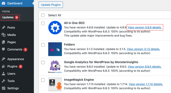 Viewing Version Details of a Plugin Update