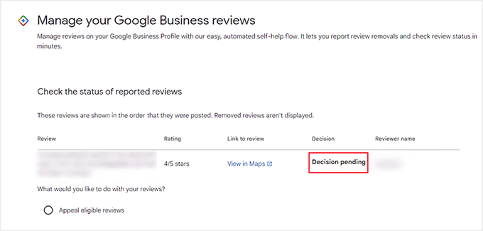 View reported Google reviews status View reported Google reviews status