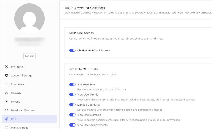 Enabling MCP integration in WordPress.com