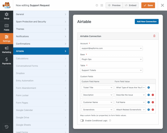 WPForms airtable addon