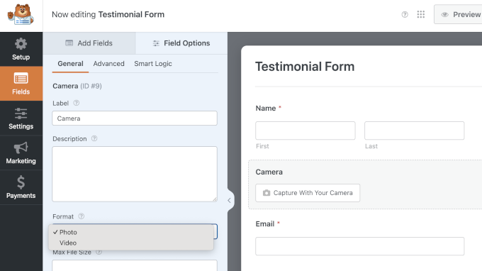WPForms camera field allows you to choose between video and photo