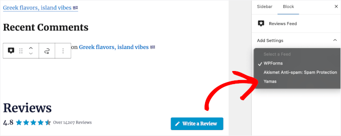Selecting the TripAdvisor reviews feed to embed