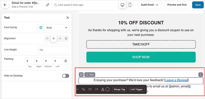 Ajouter un lien d'avis au reçu de commande dans FunnelKit Automations