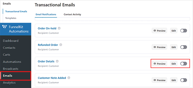 Cliquez sur le lien Modifier pour l'e-mail Détails de la commande dans FunnelKit Automations