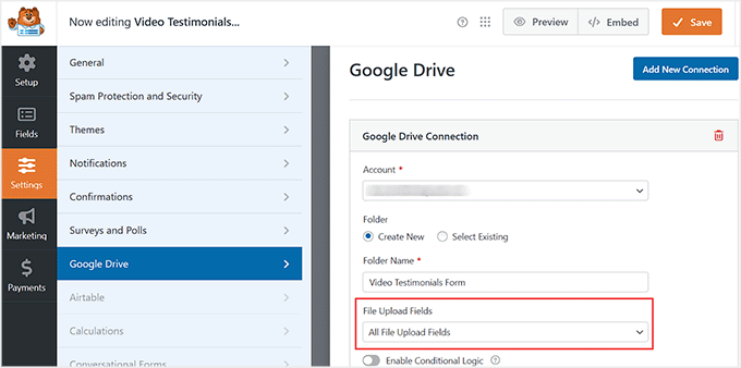 Connecter Google Drive à un formulaire de témoignage vidéo dans WPForms