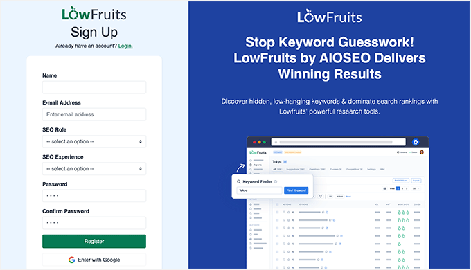 LowFruits sign up and registration