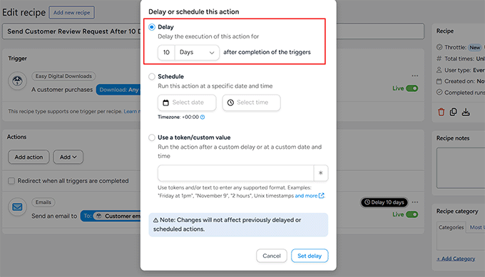 Définir un délai pour les demandes d'avis post-achat dans Uncanny Automator