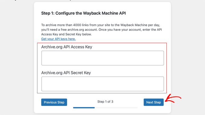 Wayback Link Fixer Setup Wizard Step 1