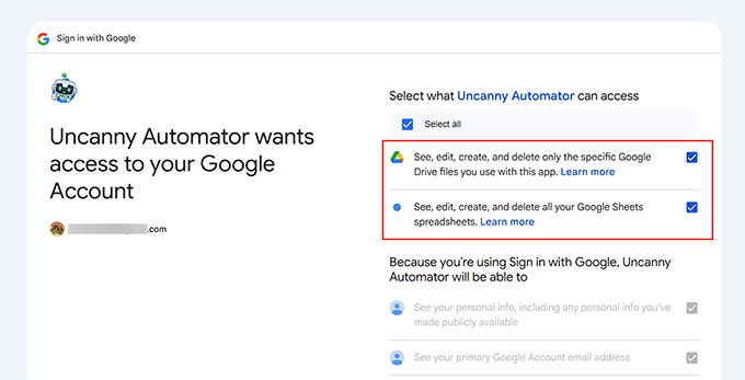 Escolha as ações para as quais você está concedendo permissões ao Uncanny