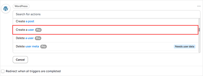 Escolha 'criar um usuário' como ação do WordPress no Uncanny Automator