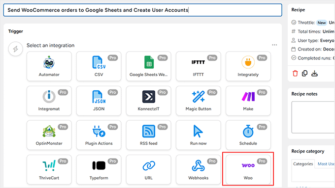 Escolha WooCommerce para o workflow do Uncanny Automator