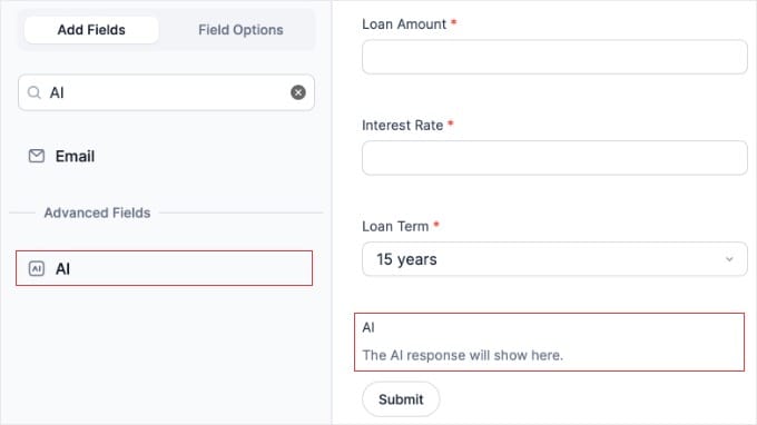 Dodaj pole AI do swojego formularza kalkulatora w Formidable Forms