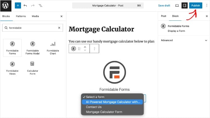 Dodawanie bloku Formidable Forms do wpisu lub strony