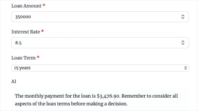 Podgląd kalkulatora Formidable Forms opartego na sztucznej inteligencji
