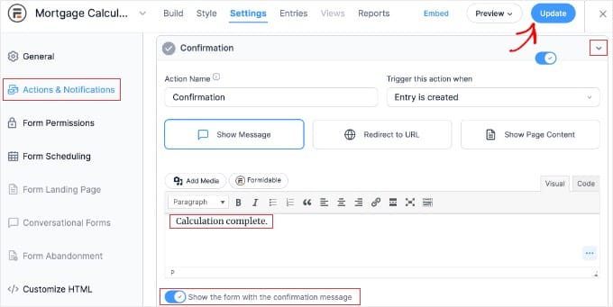 Konfiguracja ustawień akcji i powiadomień dla formularza Formidable Forms