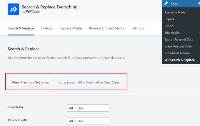 Cerca e sostituisci tutto - Ricerche precedenti