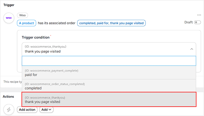 Selecione 'página de agradecimento visitada' como condição de gatilho