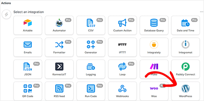 Selecione WordPress como a plataforma de ação no Uncanny Automator