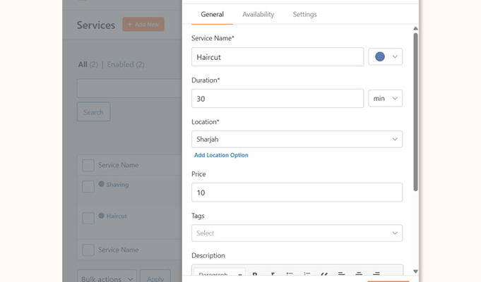 Aggiunta di un nuovo servizio in Sugar Calendar Bookings