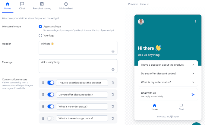 Enabling conversation starters in Tidio