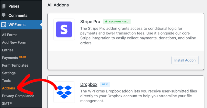 WPForms Eklentileri Sayfasına Erişme