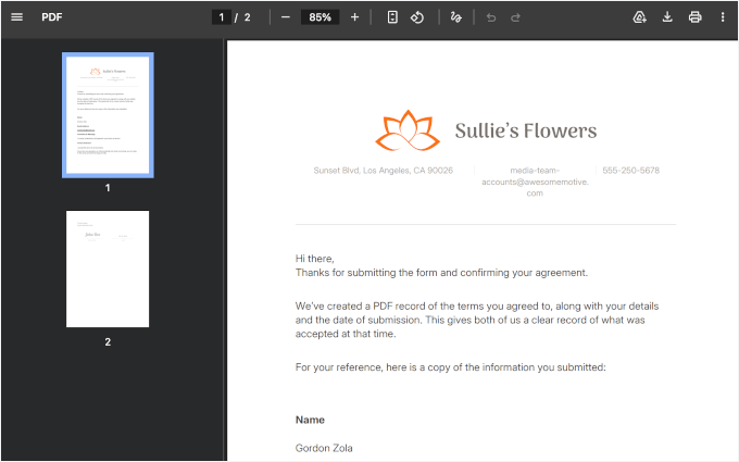 Oluşturulan WPForms PDF'si