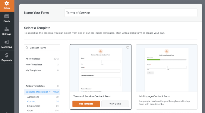 Hizmet Şartları Form Şablonunu Kullanma