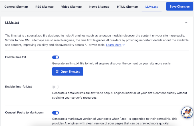 llms.txt settings in All in One SEO