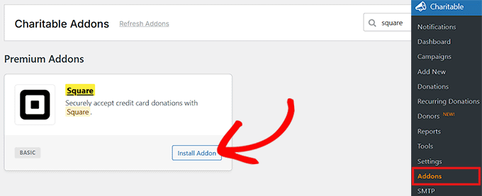Install the Square addon in Charitable