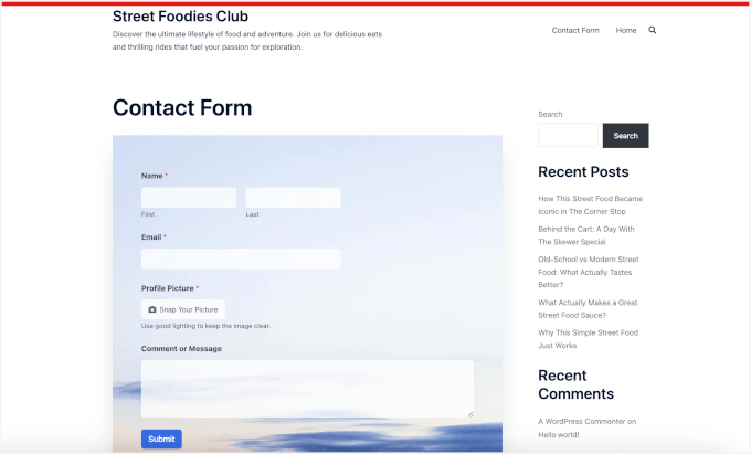 Contact form with a camera field on a live site