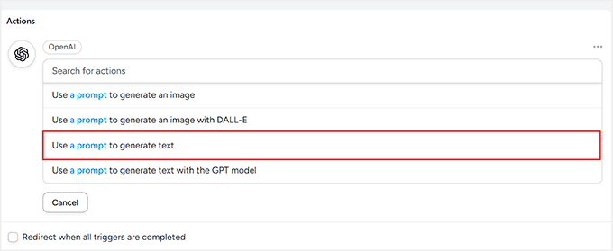Select 'Use a prompt to generate text' as the OpenAI trigger