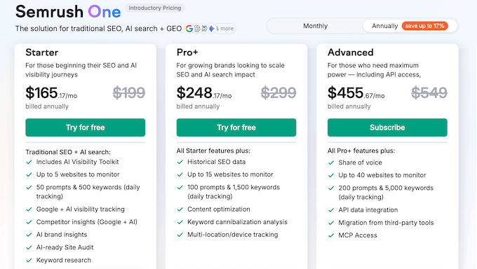 Semrush One's pricing and plans 