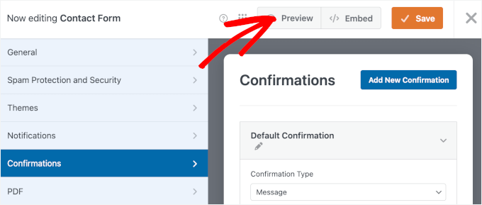 The Preview button in WPForms