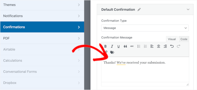 Adding a custom message for form submission confirmation