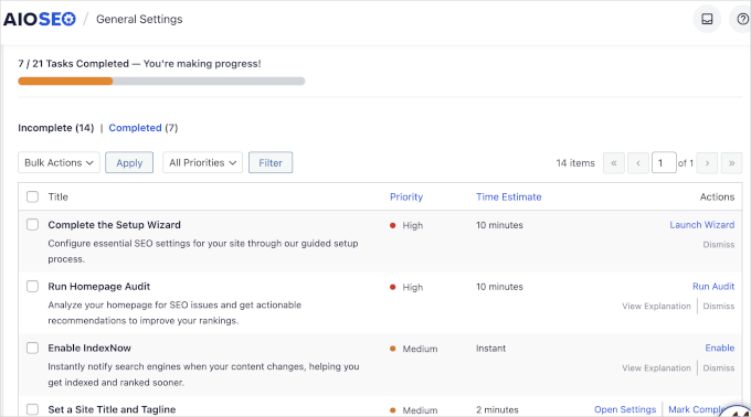 Elemente acționabile în lista de verificare AIOSEO