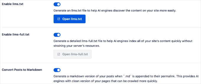 AIOSEOs LLMs.txt-växlar