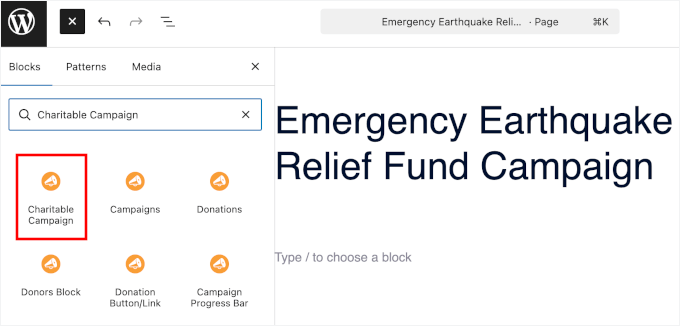 Dodanie bloku Kampania organizacji charytatywnej