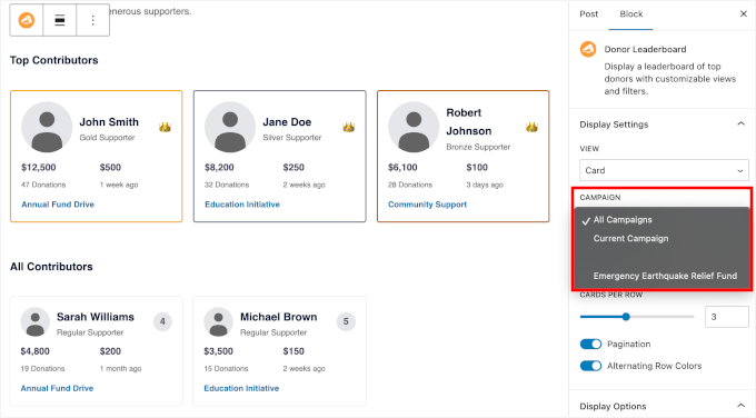 Wybieranie tabeli liderów kampanii do wyświetlenia