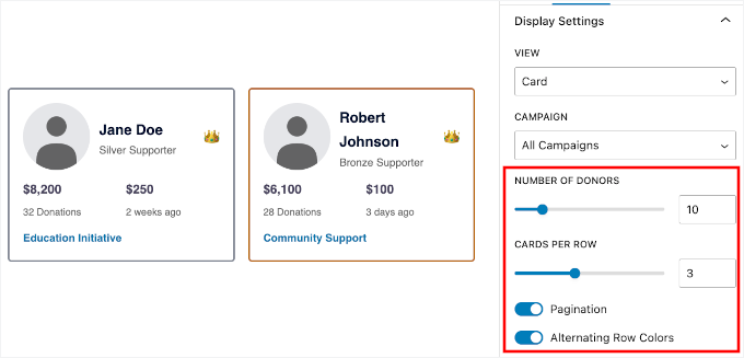 Dostosowywanie liczby darczyńców i paginacji