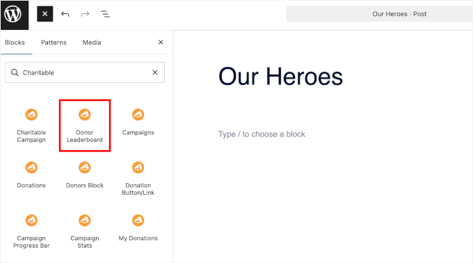 Blok Tabela wyników darczyńców organizacji charytatywnej