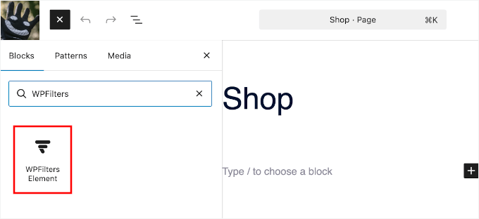 Adding the WPFilters Element in the block editor