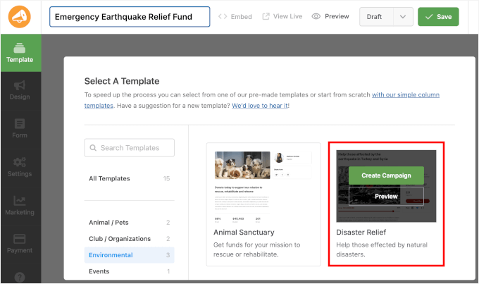 Nazywanie kampanii fundraisingowej i wybieranie szablonu
