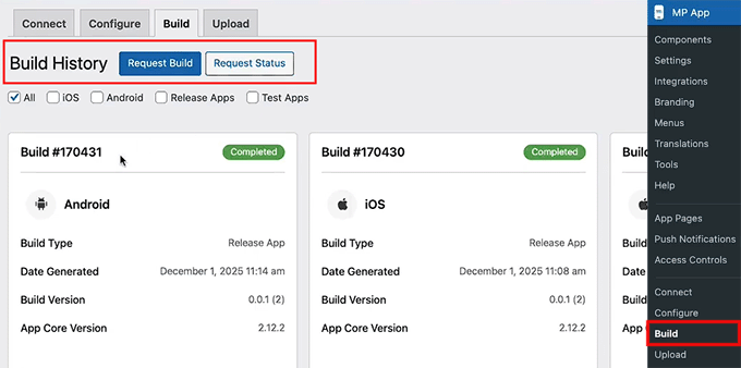 Klicken Sie auf die Schaltfläche Build anfordern in MemberPress AppKit