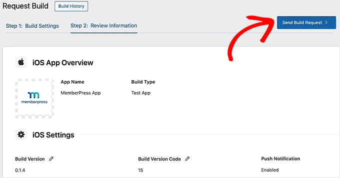 Klicken Sie auf die Schaltfläche Build-Anfrage senden in MemberPress AppKit