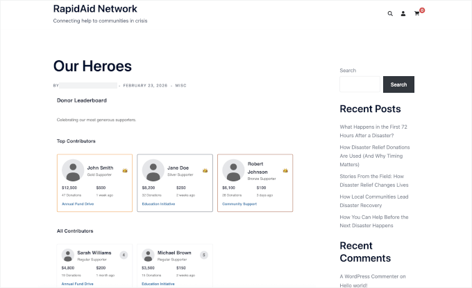 Wyświetlanie tabeli liderów darczyńców w wielu kampaniach