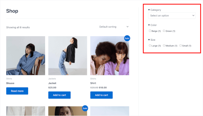 The WPFilters' filter on the Shop page