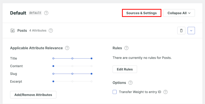 The Sources and Settings button in SearchWP's default engine settings