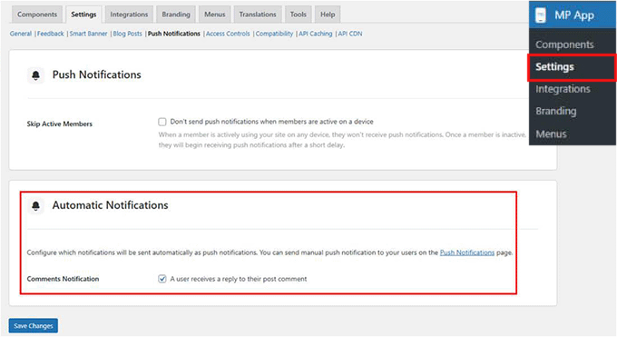 Automatische Benachrichtigungen in MemberPress AppKit auswählen